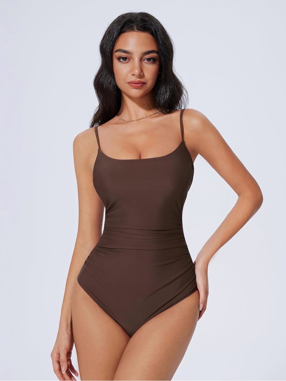 Classic Brown One-Piece Tummy Control Swimsuit with Thin Straps